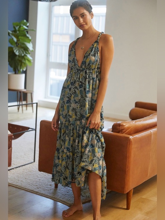 Anthropologie Dresses & Skirts - Anthropologie Burnout Velvet Midi Dress Floral Tiered Cross-Back Blue Small NWT